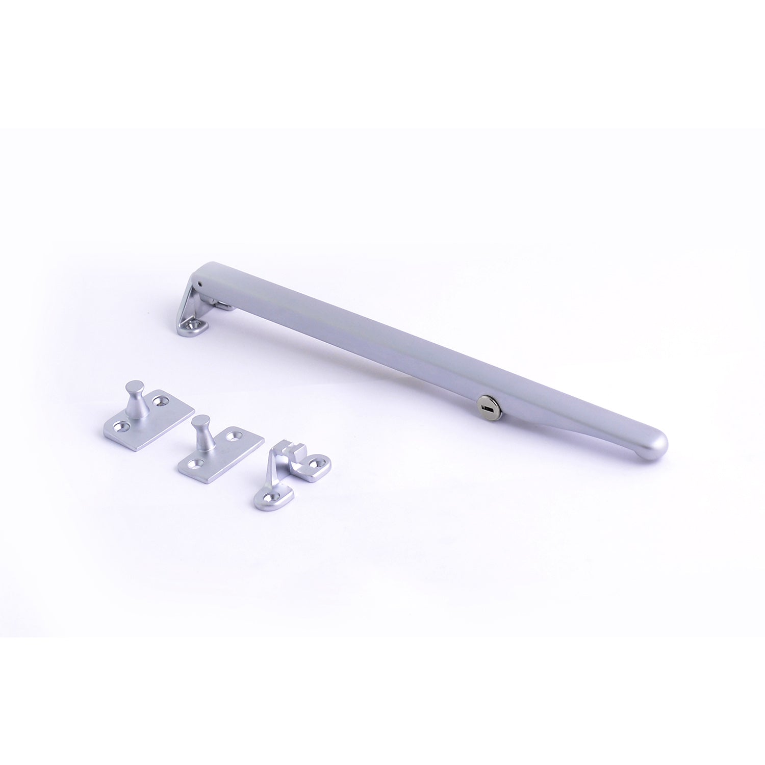 Standard architectural locking casement stay in polished chrome or satin nickel finishes.