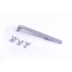 Standard architectural locking casement stay in polished chrome or satin nickel finishes.