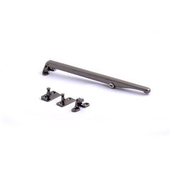 Standard architectural locking casement stay in polished chrome or satin nickel finishes.