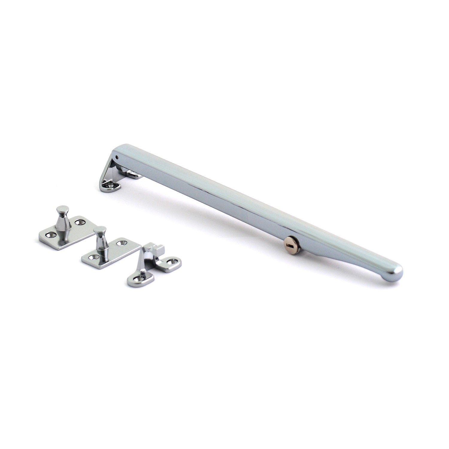 Standard architectural locking casement stay in polished chrome or satin nickel finishes.