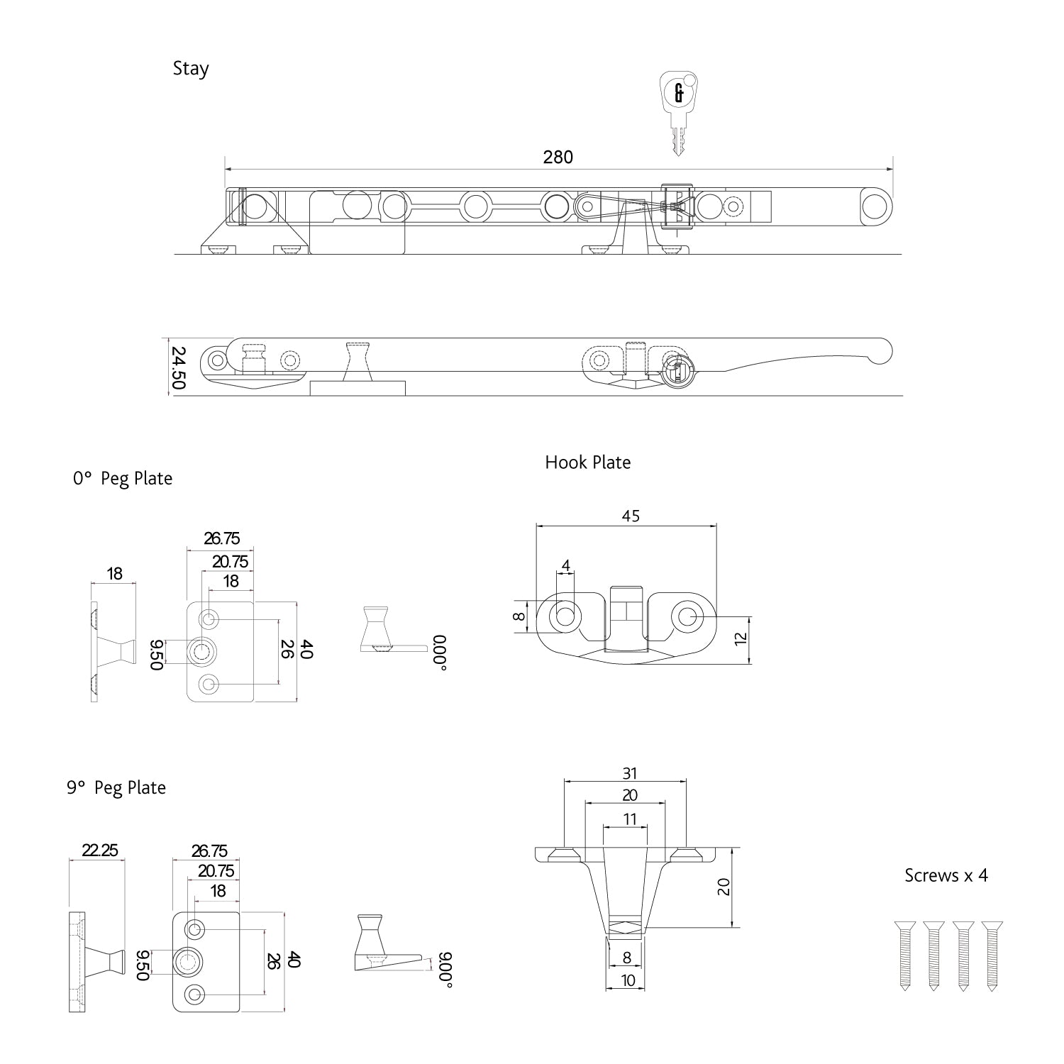 Standard architectural locking casement stay in polished chrome or satin nickel finishes.