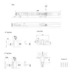 Standard architectural locking casement stay in polished chrome or satin nickel finishes.