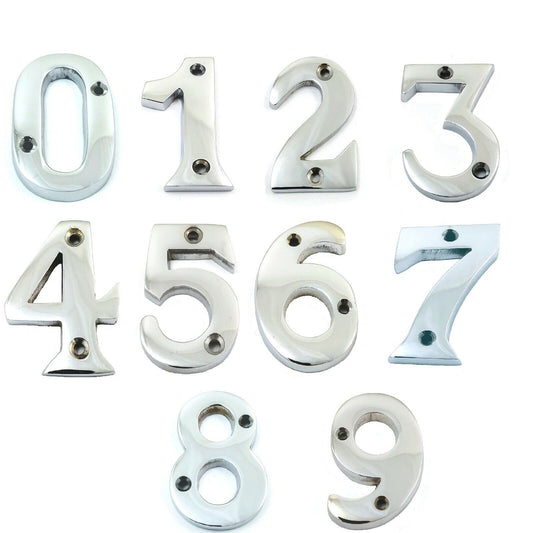 House door numerals numbers - numbers : 0 - 9 in polished chrome finish - 50 mm