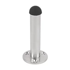 Euro Art Tubular Door Stop, 75mm in length, featuring a decorative rose detail and available in polished brass, polished chrome, and satin chrome finishes. Designed to protect walls while adding a sophisticated touch to door hardware.