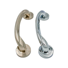Luna solid brass door pull handle, 250mm in length and 50mm wide, with polished chrome and satin nickel finishes, designed for durability and style with a comfortable grip.