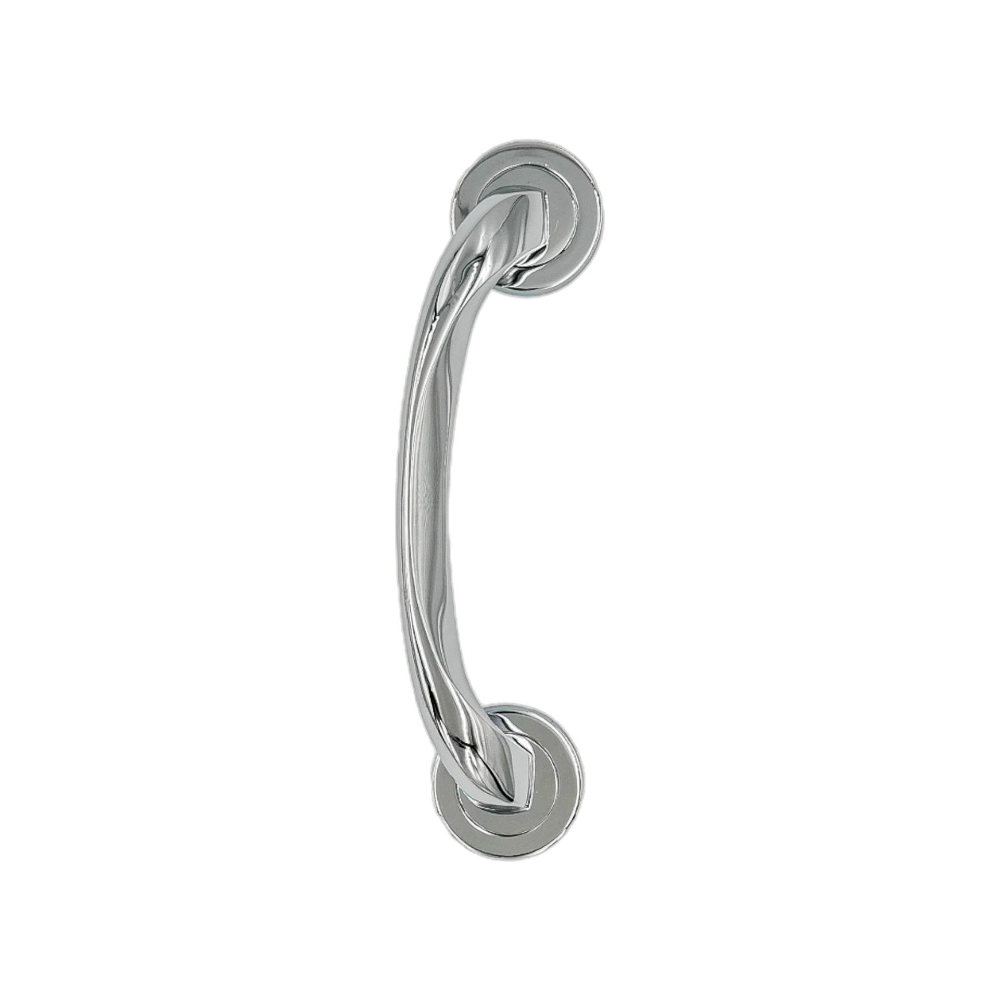 Luna solid brass door pull handle, 250mm in length and 50mm wide, with polished chrome and satin nickel finishes, designed for durability and style with a comfortable grip.