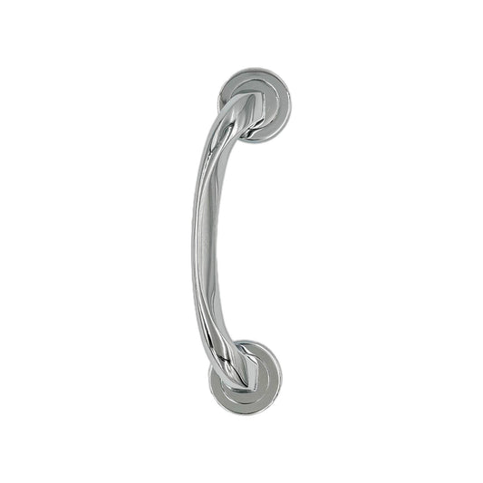 Luna solid brass door pull handle, 250mm in length and 50mm wide, with polished chrome and satin nickel finishes, designed for durability and style with a comfortable grip.