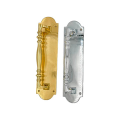 Horatio solid brass door pull handle, 300mm in length and 75mm wide, with a polished chrome or brass finish, designed for durability and style on residential or commercial doors.