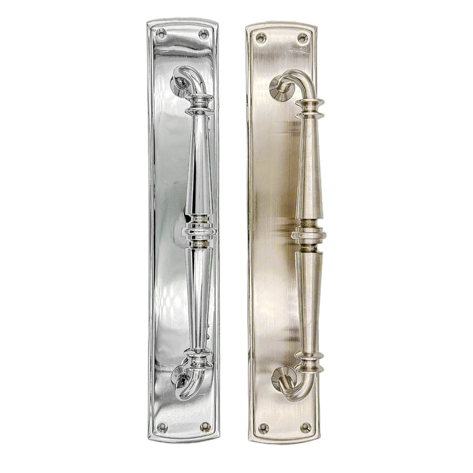 "Renata solid brass pull handle on backplate, 382mm in length and 64mm wide, with polished brass, polished chrome, and satin nickel finishes, featuring an architectural design.