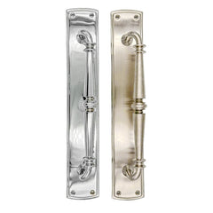 "Renata solid brass pull handle on backplate, 382mm in length and 64mm wide, with polished brass, polished chrome, and satin nickel finishes, featuring an architectural design.