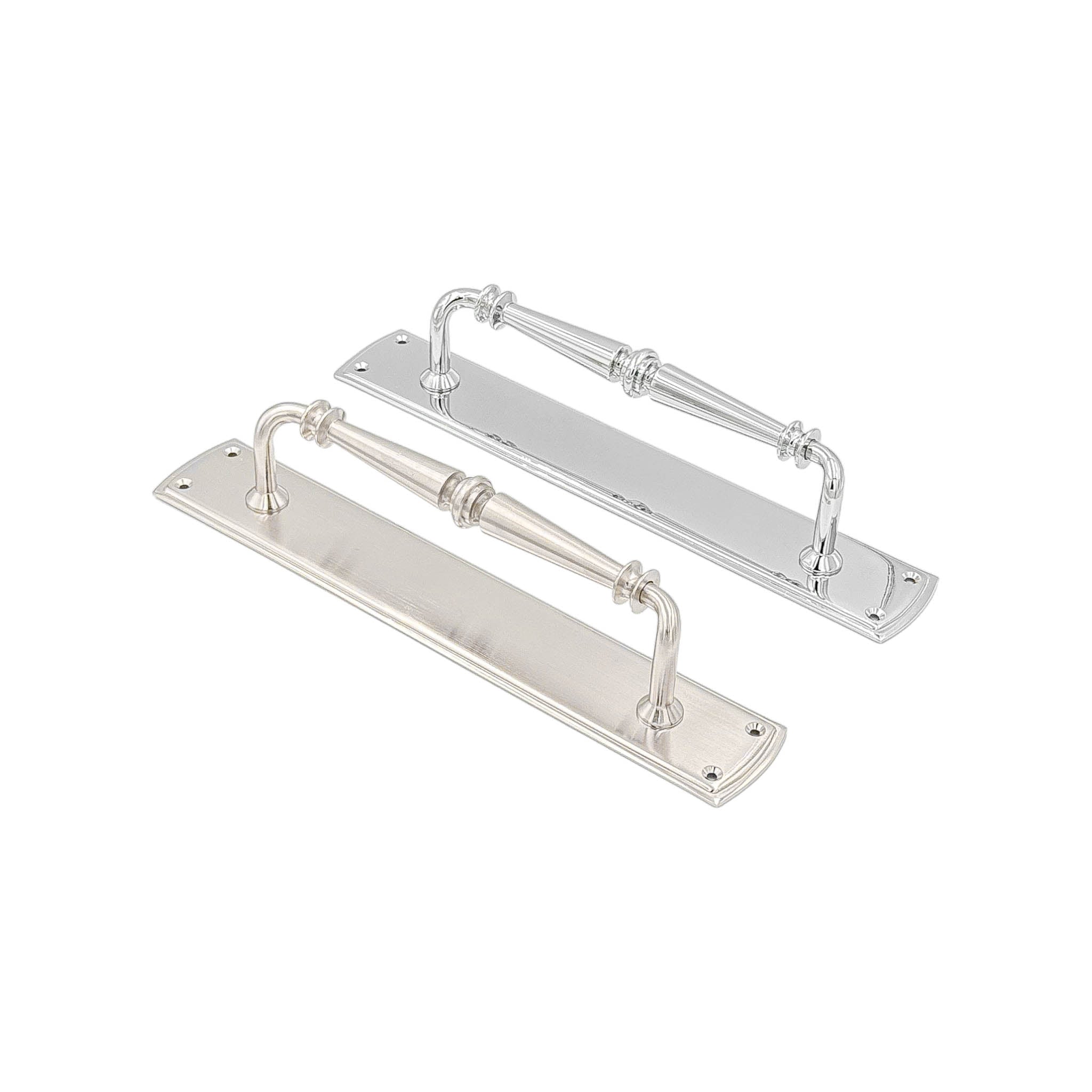 "Renata solid brass pull handle on backplate, 382mm in length and 64mm wide, with polished brass, polished chrome, and satin nickel finishes, featuring an architectural design.