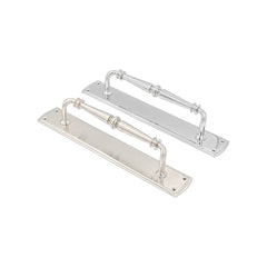 "Renata solid brass pull handle on backplate, 382mm in length and 64mm wide, with polished brass, polished chrome, and satin nickel finishes, featuring an architectural design.