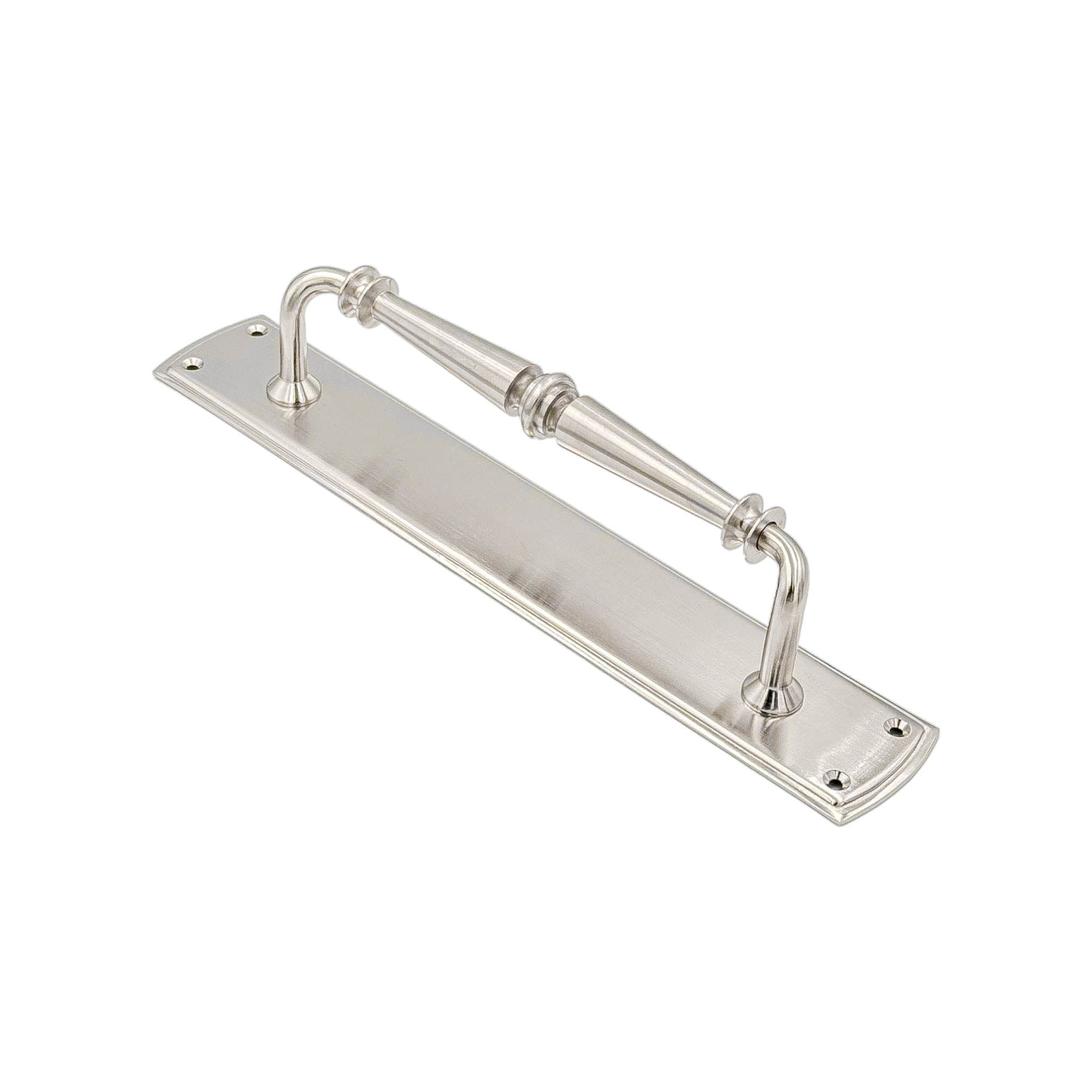 "Renata solid brass pull handle on backplate, 382mm in length and 64mm wide, with polished brass, polished chrome, and satin nickel finishes, featuring an architectural design.