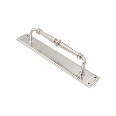 "Renata solid brass pull handle on backplate, 382mm in length and 64mm wide, with polished brass, polished chrome, and satin nickel finishes, featuring an architectural design.