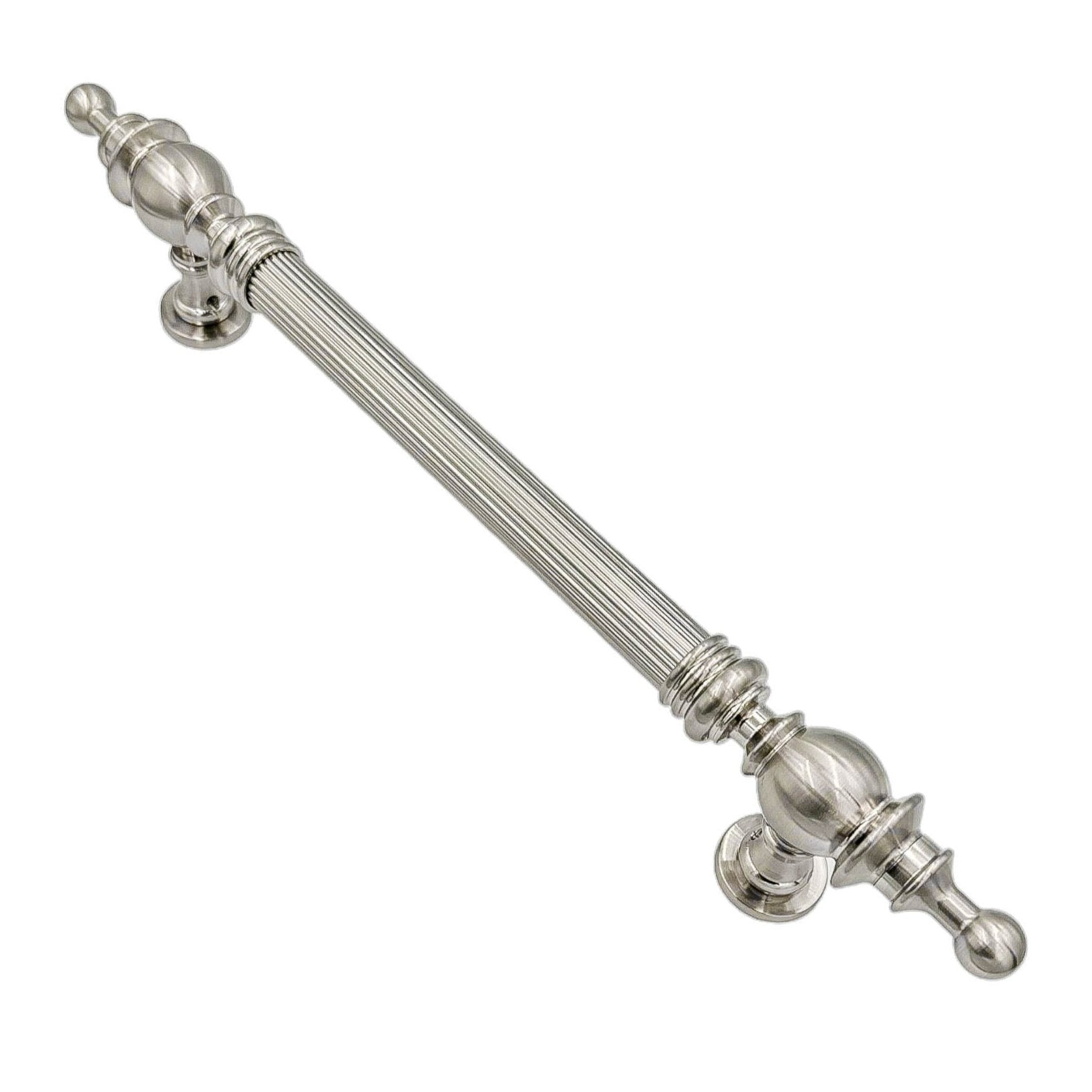 Cassia solid brass pull handle with a classic vintage design, 480mm long and 39mm wide, featuring a satin nickel finish, ideal for traditional-style doors.