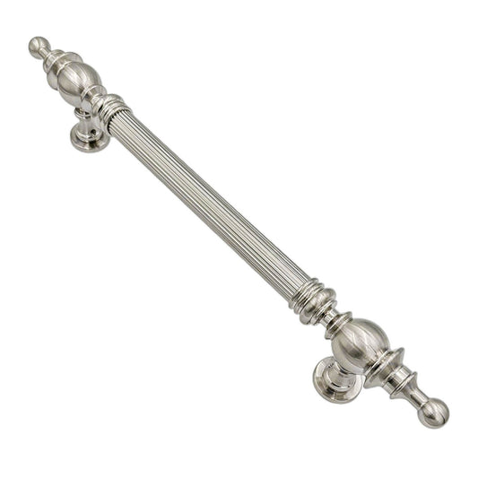 Cassia solid brass pull handle with a classic vintage design, 480mm long and 39mm wide, featuring a satin nickel finish, ideal for traditional-style doors.