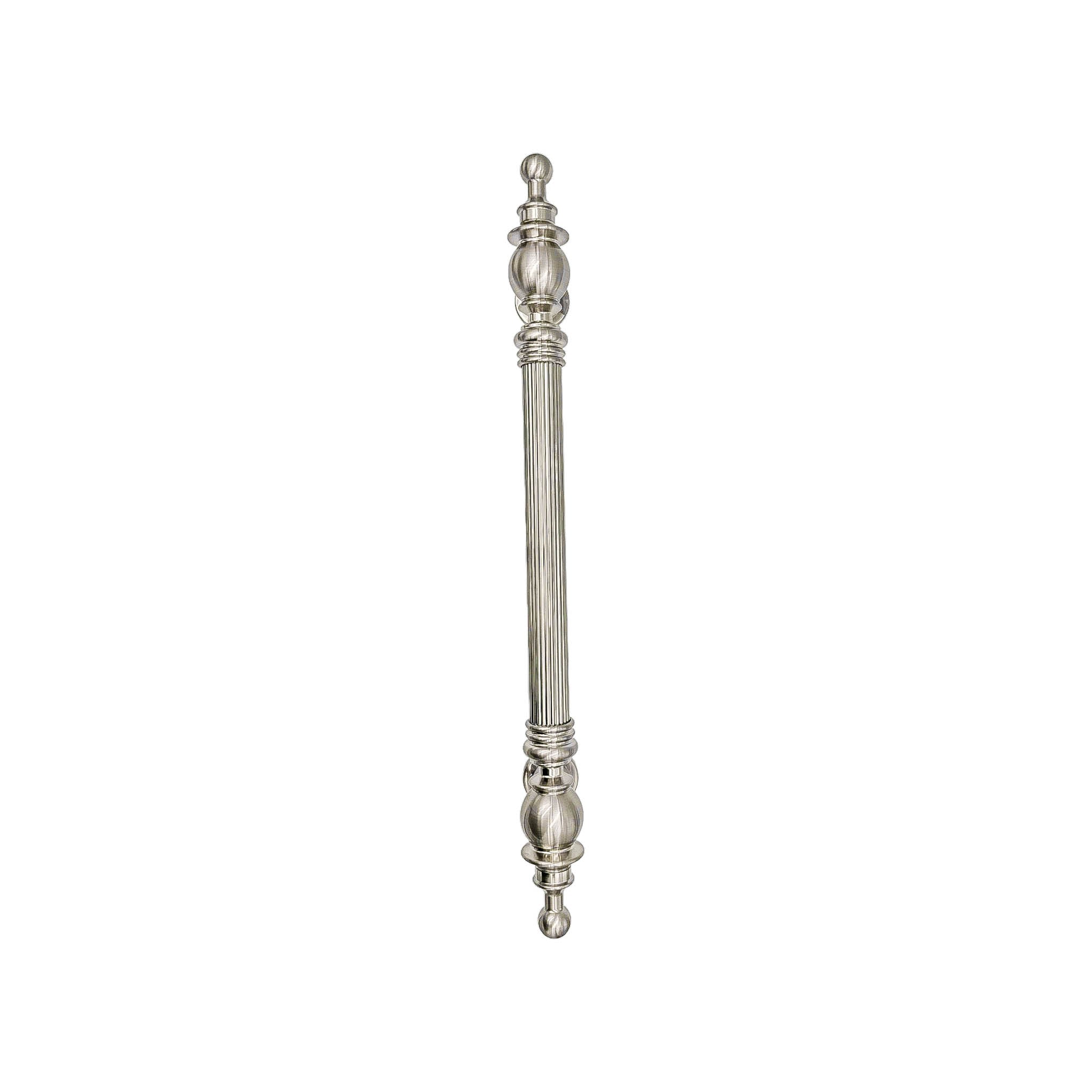 Cassia solid brass pull handle with a classic vintage design, 480mm long and 39mm wide, featuring a satin nickel finish, ideal for traditional-style doors.