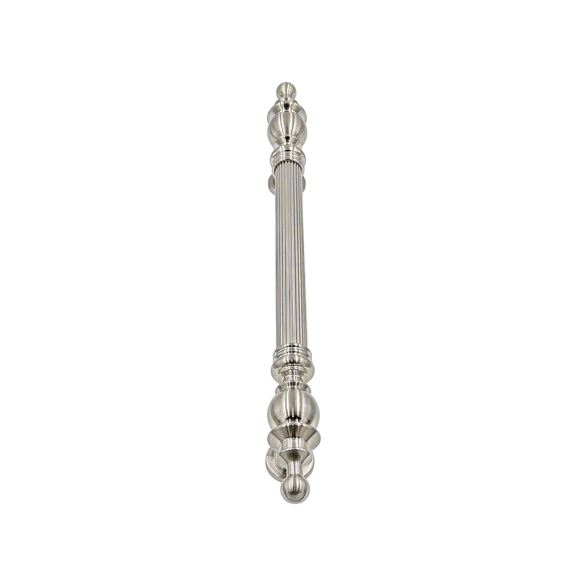 Cassia solid brass pull handle with a classic vintage design, 480mm long and 39mm wide, featuring a satin nickel finish, ideal for traditional-style doors.