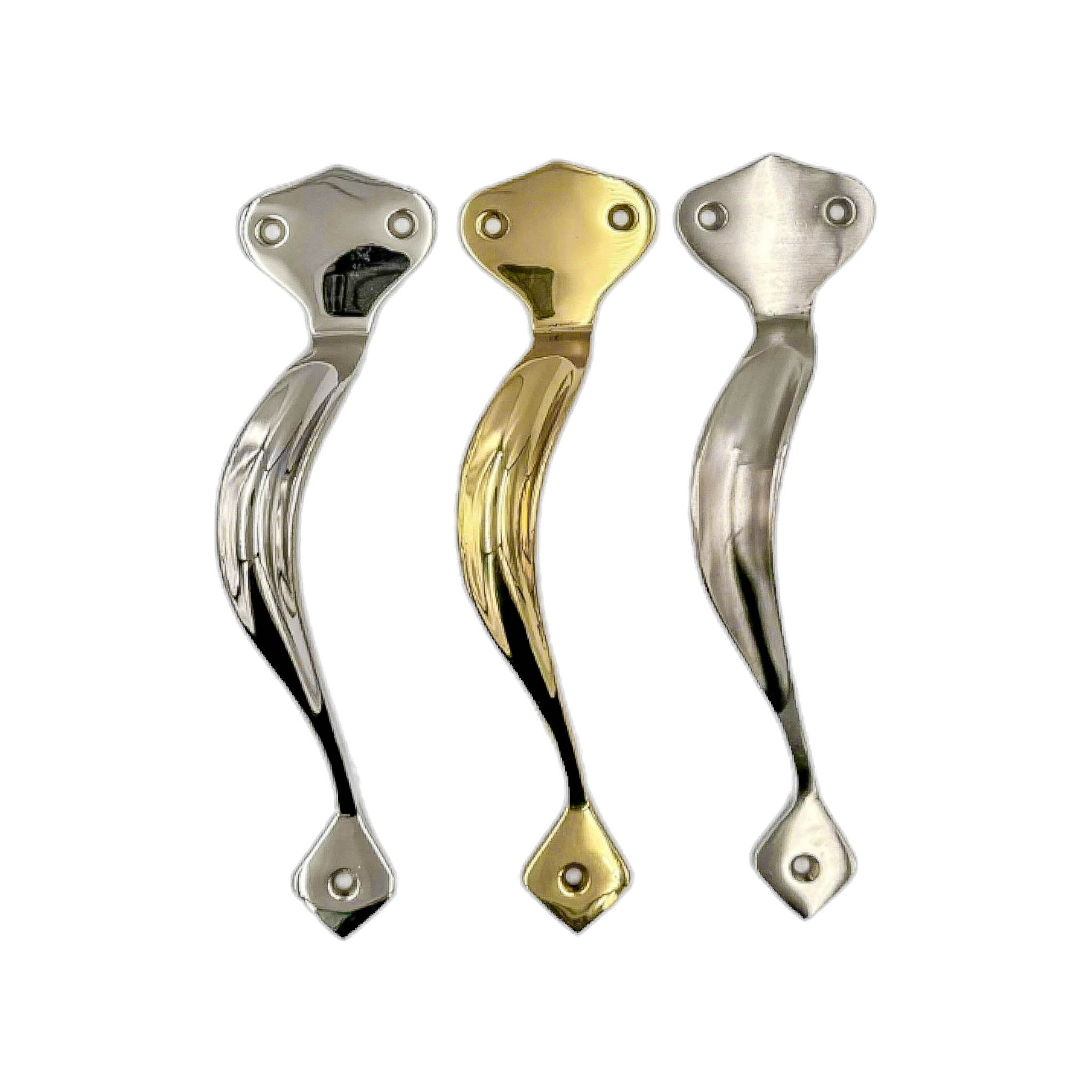 Victorian solid brass pull handle, available in left and right versions, 202mm in length and 46mm wide, with polished brass, polished chrome, and satin nickel finishes, designed for classic-style doors.