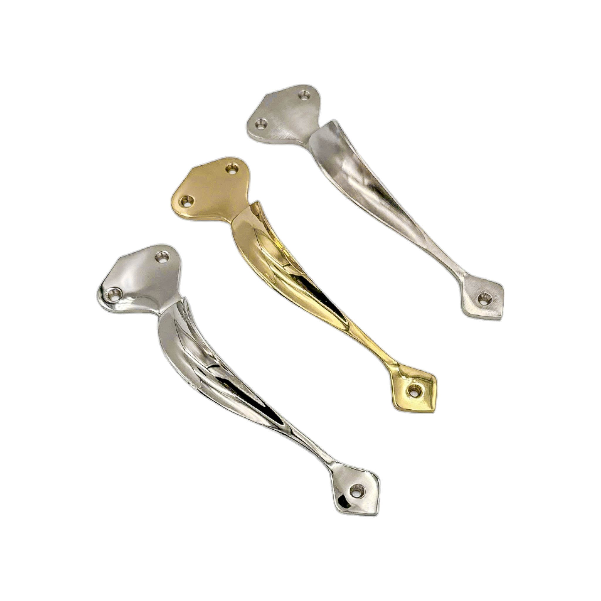 Victorian solid brass pull handle, available in left and right versions, 202mm in length and 46mm wide, with polished brass, polished chrome, and satin nickel finishes, designed for classic-style doors.