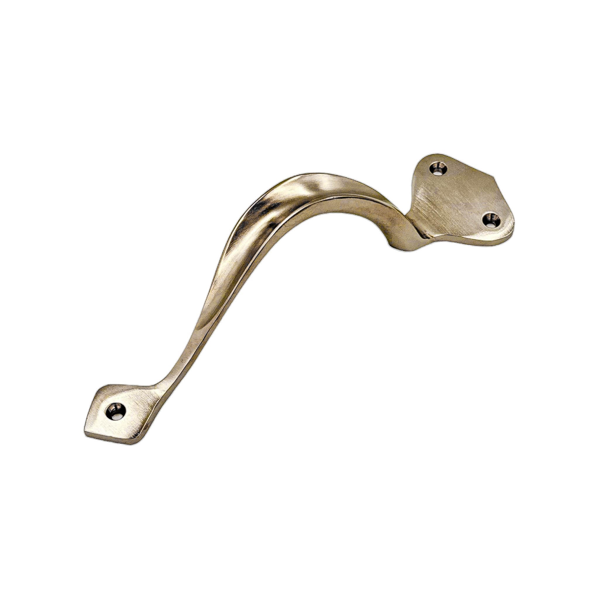 Victorian solid brass pull handle, available in left and right versions, 202mm in length and 46mm wide, with polished brass, polished chrome, and satin nickel finishes, designed for classic-style doors.