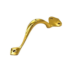 Victorian solid brass pull handle, available in left and right versions, 202mm in length and 46mm wide, with polished brass, polished chrome, and satin nickel finishes, designed for classic-style doors.