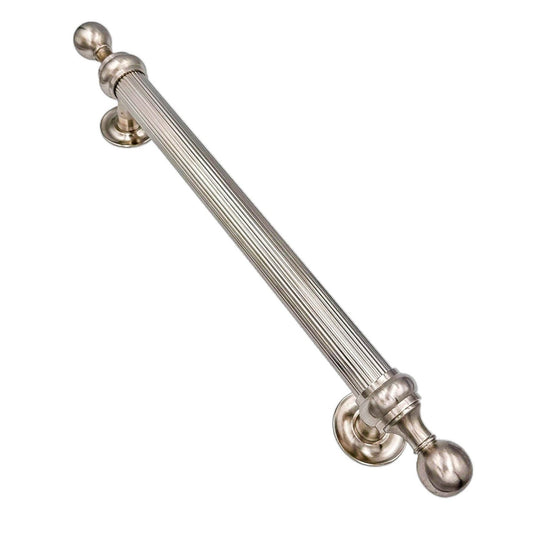 Casilda solid brass door pull handle, 500mm in length with a stylish reeded grip, available in polished brass, satin nickel, and polished chrome finishes, ideal for high-traffic residential and commercial settings