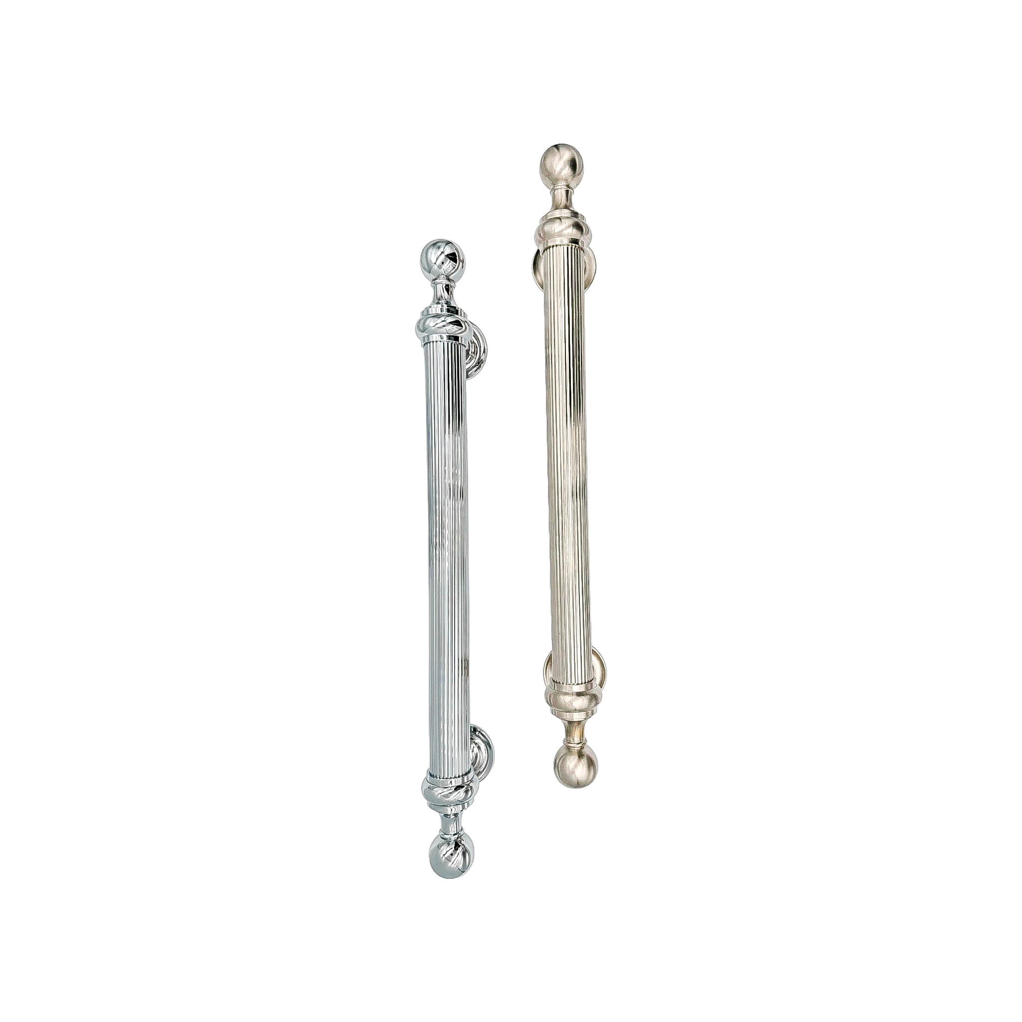 Casilda solid brass door pull handle, 500mm in length with a stylish reeded grip, available in polished brass, satin nickel, and polished chrome finishes, ideal for high-traffic residential and commercial settings