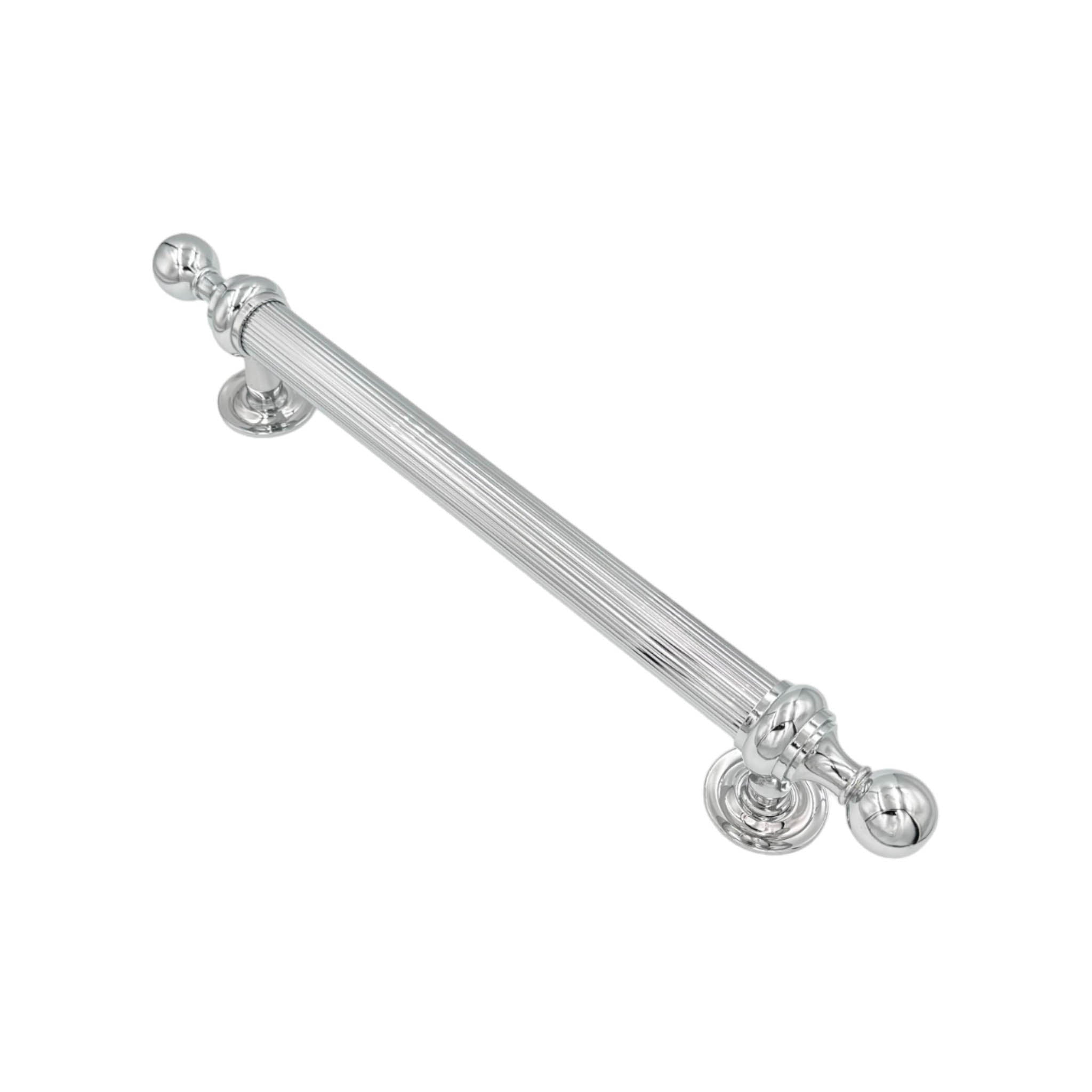 Casilda solid brass door pull handle, 500mm in length with a stylish reeded grip, available in polished brass, satin nickel, and polished chrome finishes, ideal for high-traffic residential and commercial settings