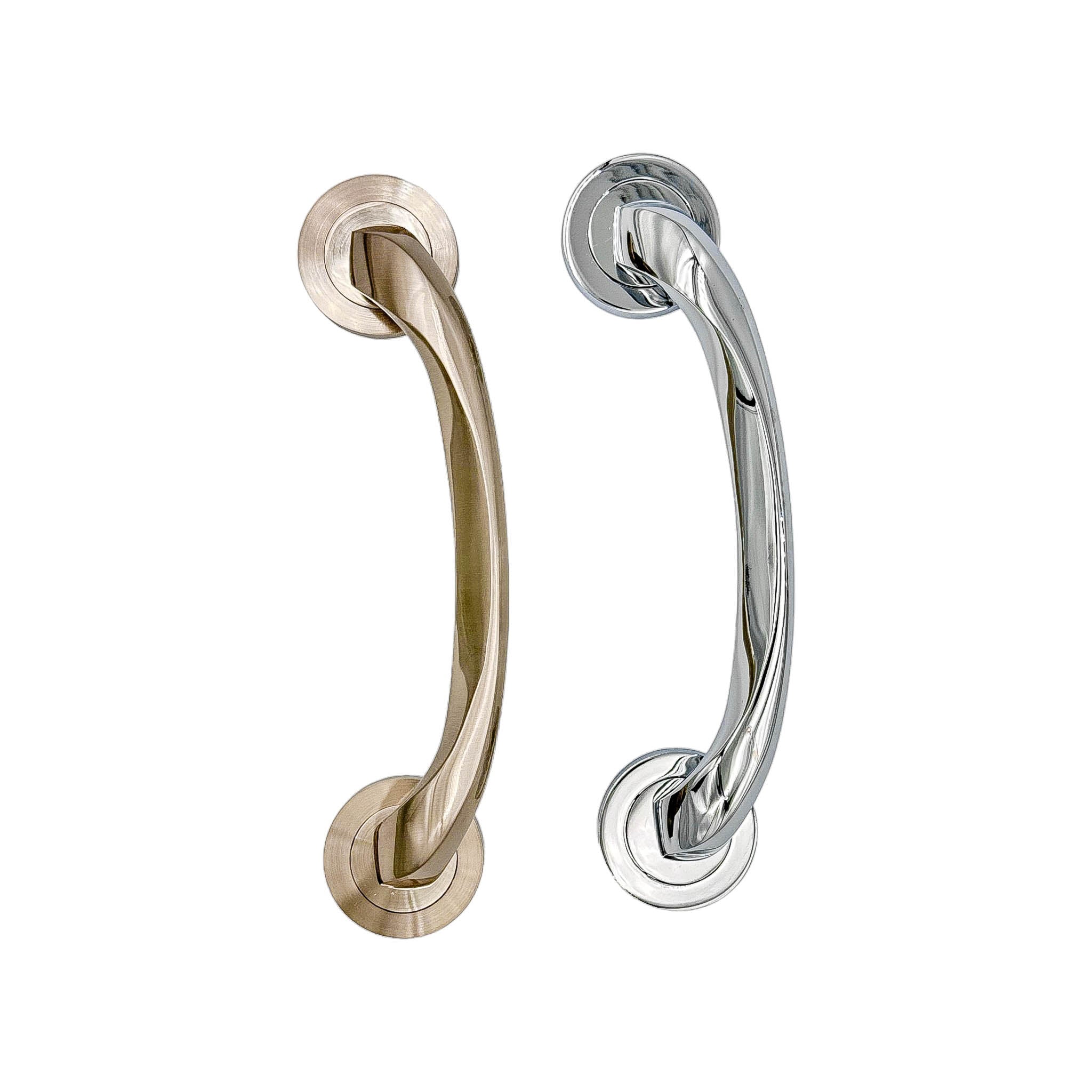Luna solid brass door pull handle, 250mm in length and 50mm wide, with polished chrome and satin nickel finishes, designed for durability and style with a comfortable grip.