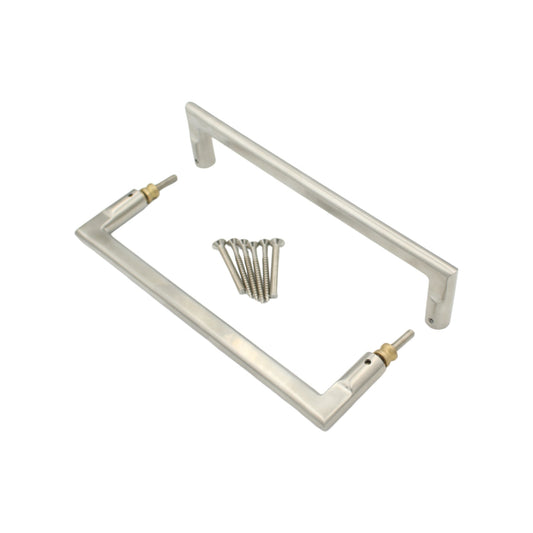 heavy-duty door pull handle, 275mm in length, made of satin stainless steel, with a back-to-back pair design, suitable for 35-55mm thick doors and includes fixing screws.