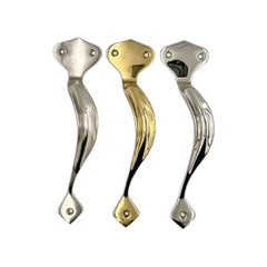 Victorian solid brass pull handle, available in left and right versions, 202mm in length and 46mm wide, with polished brass, polished chrome, and satin nickel finishes, designed for classic-style doors.