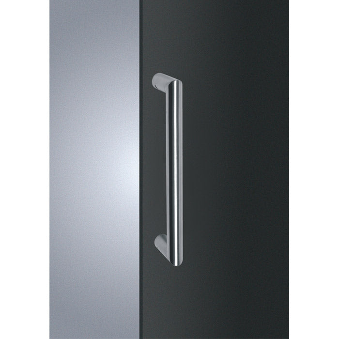 Mitred door pull handle in satin stainless steel, available in various sizes (19mm x 300mm, 25mm x 300mm, 25mm x 600mm, 32mm x 600mm), designed for 35-55mm thick doors, with bolt-through fixings for single fix, adding timeless elegance and durability.