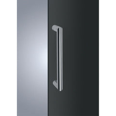 Mitred door pull handle in satin stainless steel, available in various sizes (19mm x 300mm, 25mm x 300mm, 25mm x 600mm, 32mm x 600mm), designed for 35-55mm thick doors, with bolt-through fixings for single fix, adding timeless elegance and durability.