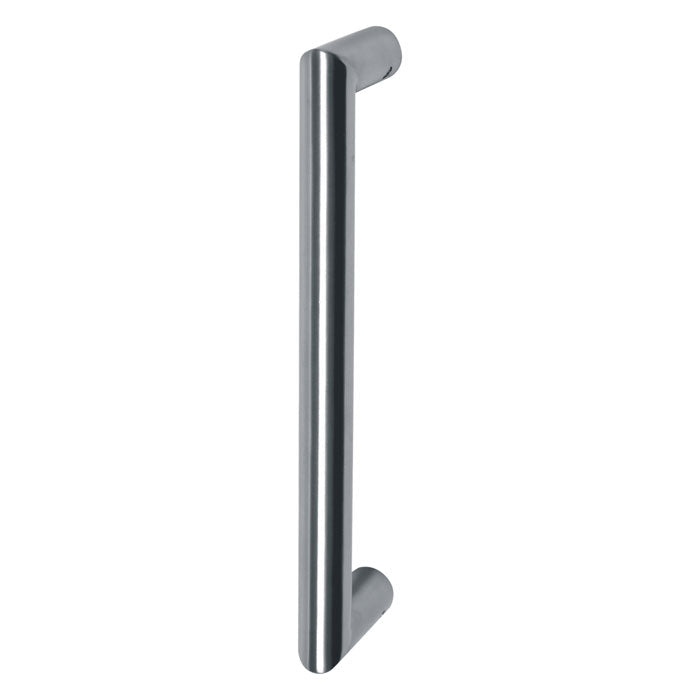Mitred door pull handle in satin stainless steel, available in various sizes (19mm x 300mm, 25mm x 300mm, 25mm x 600mm, 32mm x 600mm), designed for 35-55mm thick doors, with bolt-through fixings for single fix, adding timeless elegance and durability.
