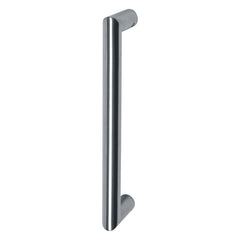 Mitred door pull handle in satin stainless steel, available in various sizes (19mm x 300mm, 25mm x 300mm, 25mm x 600mm, 32mm x 600mm), designed for 35-55mm thick doors, with bolt-through fixings for single fix, adding timeless elegance and durability.