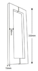 Solace heavy-duty door pull handle, 300mm in length, made of satin stainless steel, with a back-to-back pair design, includes fixing screws, and suitable for bolt-through installation.