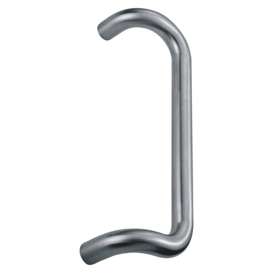 Cranked door pull handle, 32mm diameter and 600mm length, with bolt-through and back-to-back fixings. Suits 35-55mm thick doors, featuring a satin finish, 75mm projection, and corrosion-resistant Grade 304 stainless steel construction.