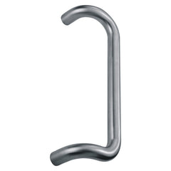 Cranked door pull handle, 32mm diameter and 600mm length, with bolt-through and back-to-back fixings. Suits 35-55mm thick doors, featuring a satin finish, 75mm projection, and corrosion-resistant Grade 304 stainless steel construction.