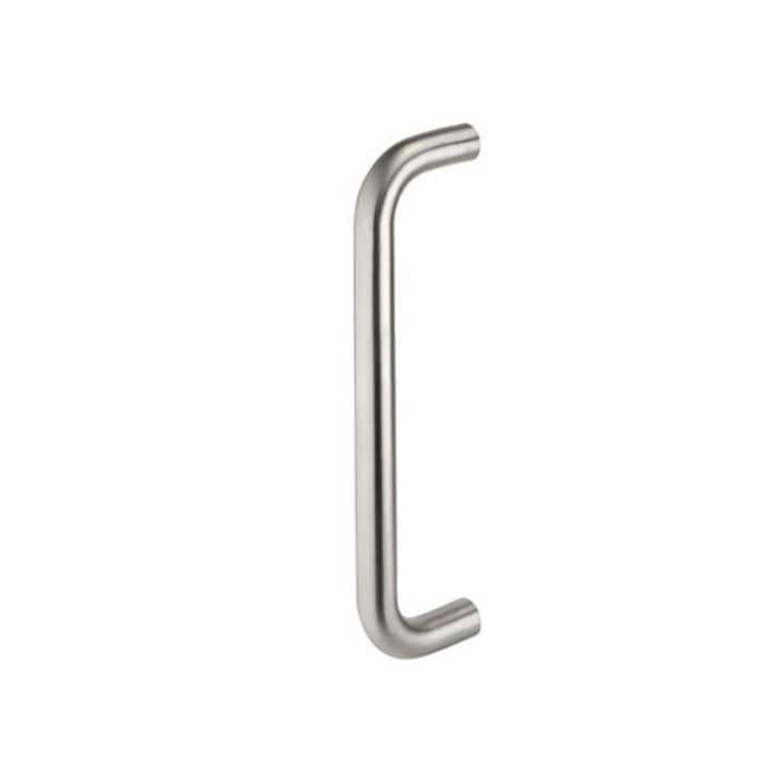D Pull Handle in stainless steel with polished and satin finishes, available in various sizes ranging from 19mm x 225mm to 32mm x 900mm.
