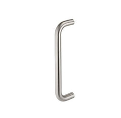 D Pull Handle in stainless steel with polished and satin finishes, available in various sizes ranging from 19mm x 225mm to 32mm x 900mm.