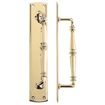 "Renata solid brass pull handle on backplate, 382mm in length and 64mm wide, with polished brass, polished chrome, and satin nickel finishes, featuring an architectural design.