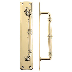 "Renata solid brass pull handle on backplate, 382mm in length and 64mm wide, with polished brass, polished chrome, and satin nickel finishes, featuring an architectural design.