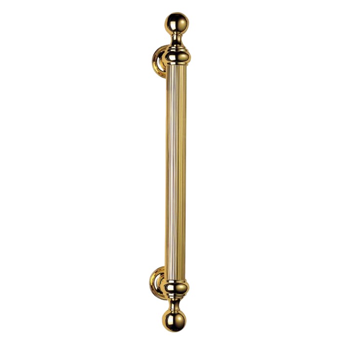Casilda solid brass door pull handle, 500mm in length with a stylish reeded grip, available in polished brass, satin nickel, and polished chrome finishes, ideal for high-traffic residential and commercial settings