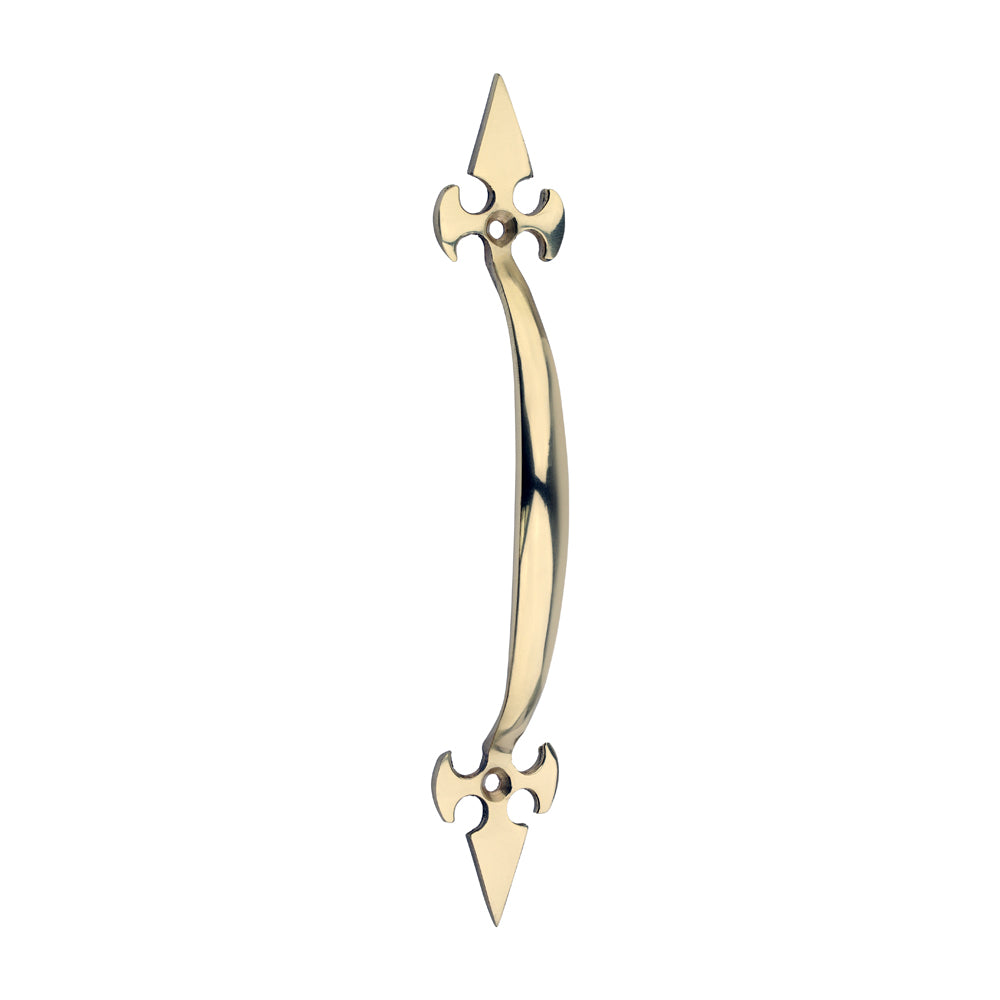 Fleur De Lys door handle, 175mm in length, made of solid brass, offering a comfortable and stylish grip for doors.