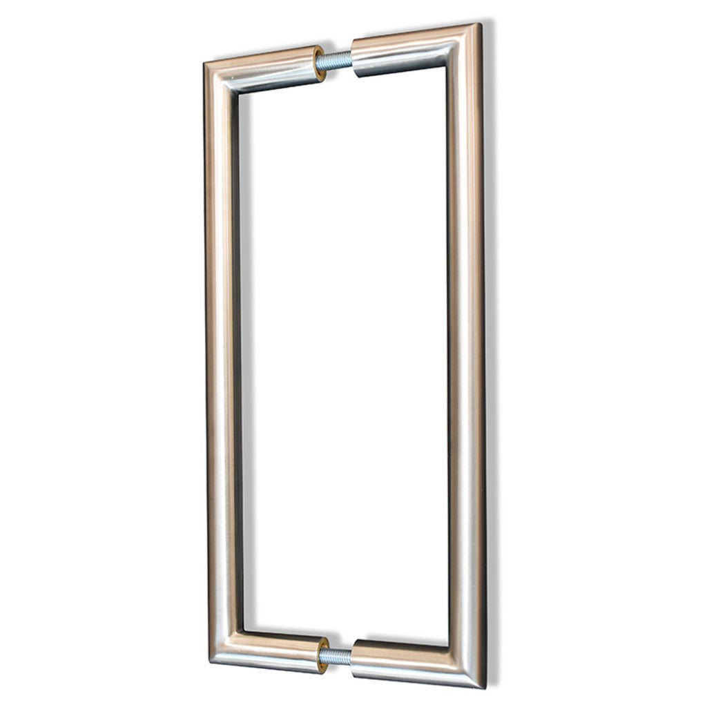Mitred door pull handle in satin stainless steel, available in various sizes (19mm x 300mm, 25mm x 300mm, 25mm x 600mm, 32mm x 600mm), designed for 35-55mm thick doors, with bolt-through fixings for single fix, adding timeless elegance and durability.