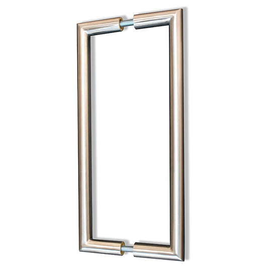 Mitred door pull handle in satin stainless steel, available in various sizes (19mm x 300mm, 25mm x 300mm, 25mm x 600mm, 32mm x 600mm), designed for 35-55mm thick doors, with bolt-through fixings for single fix, adding timeless elegance and durability.