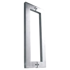 Solace heavy-duty door pull handle, 300mm in length, made of satin stainless steel, with a back-to-back pair design, includes fixing screws, and suitable for bolt-through installation.