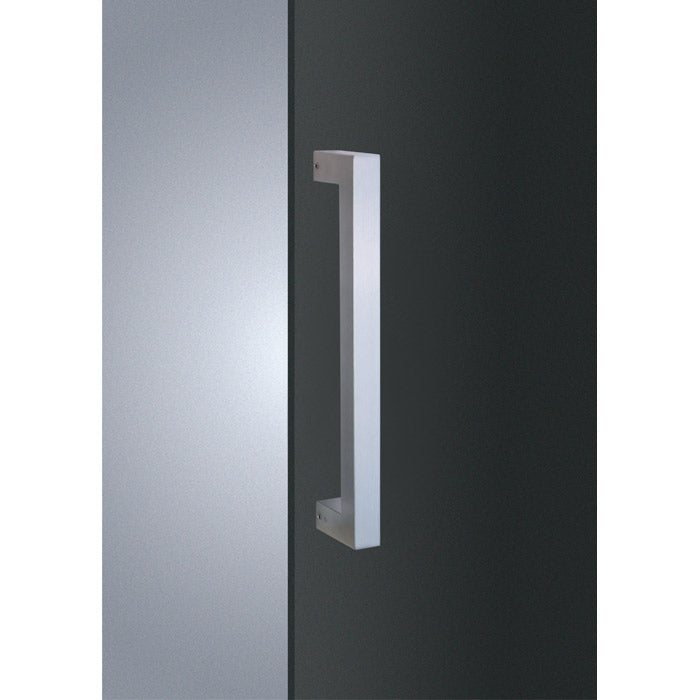 Solace heavy-duty door pull handle, 300mm in length, made of satin stainless steel, with a back-to-back pair design, includes fixing screws, and suitable for bolt-through installation.
