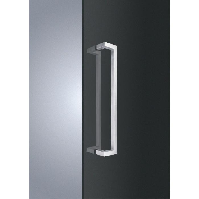 Lex cranked square door pull handle, 300mm in length and 25mm in width, made of satin stainless steel, with a pair design, suitable for 35-55mm thick doors, and includes fixing screws.